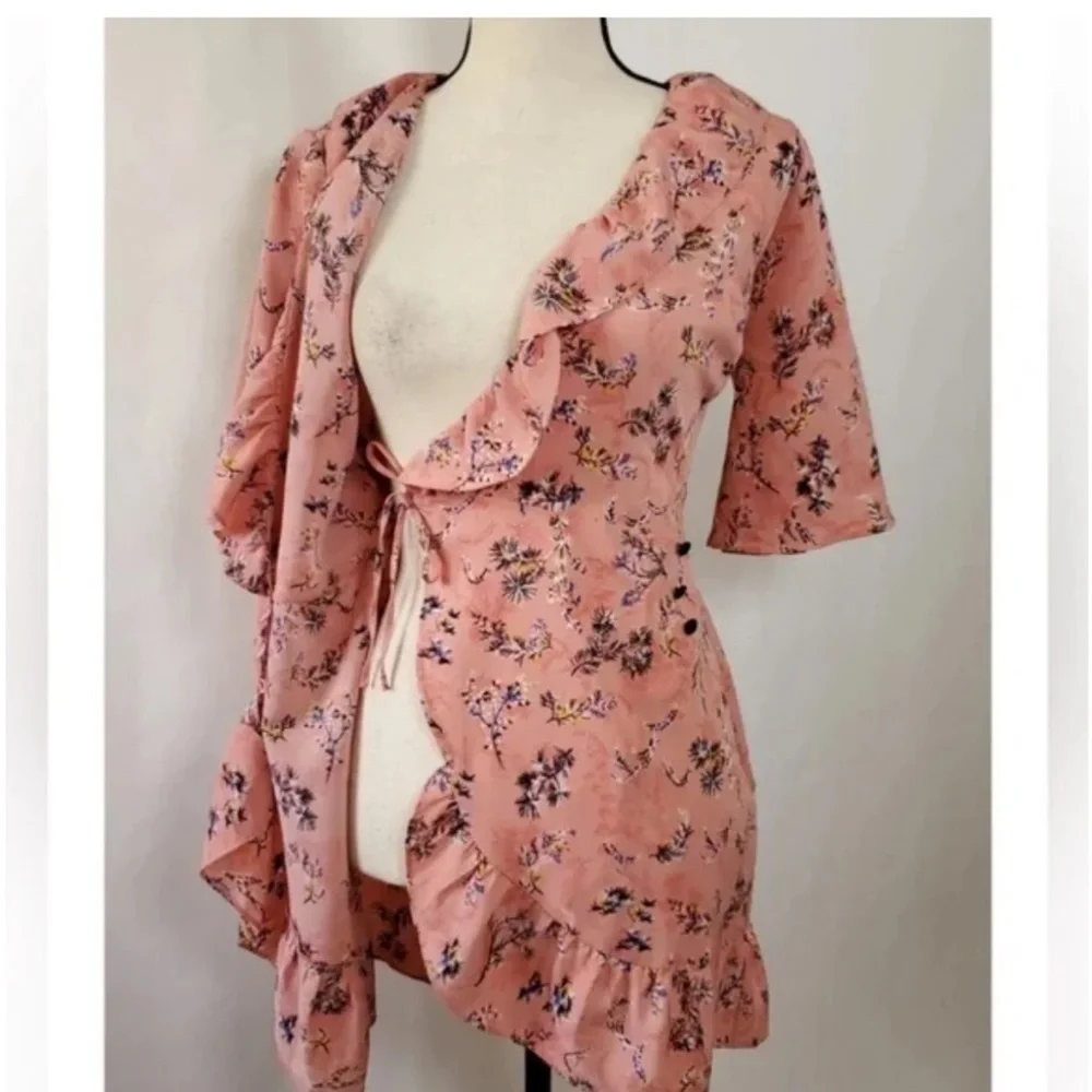 Topshop Pink Floral Ruffle Wrap Dress, size 10